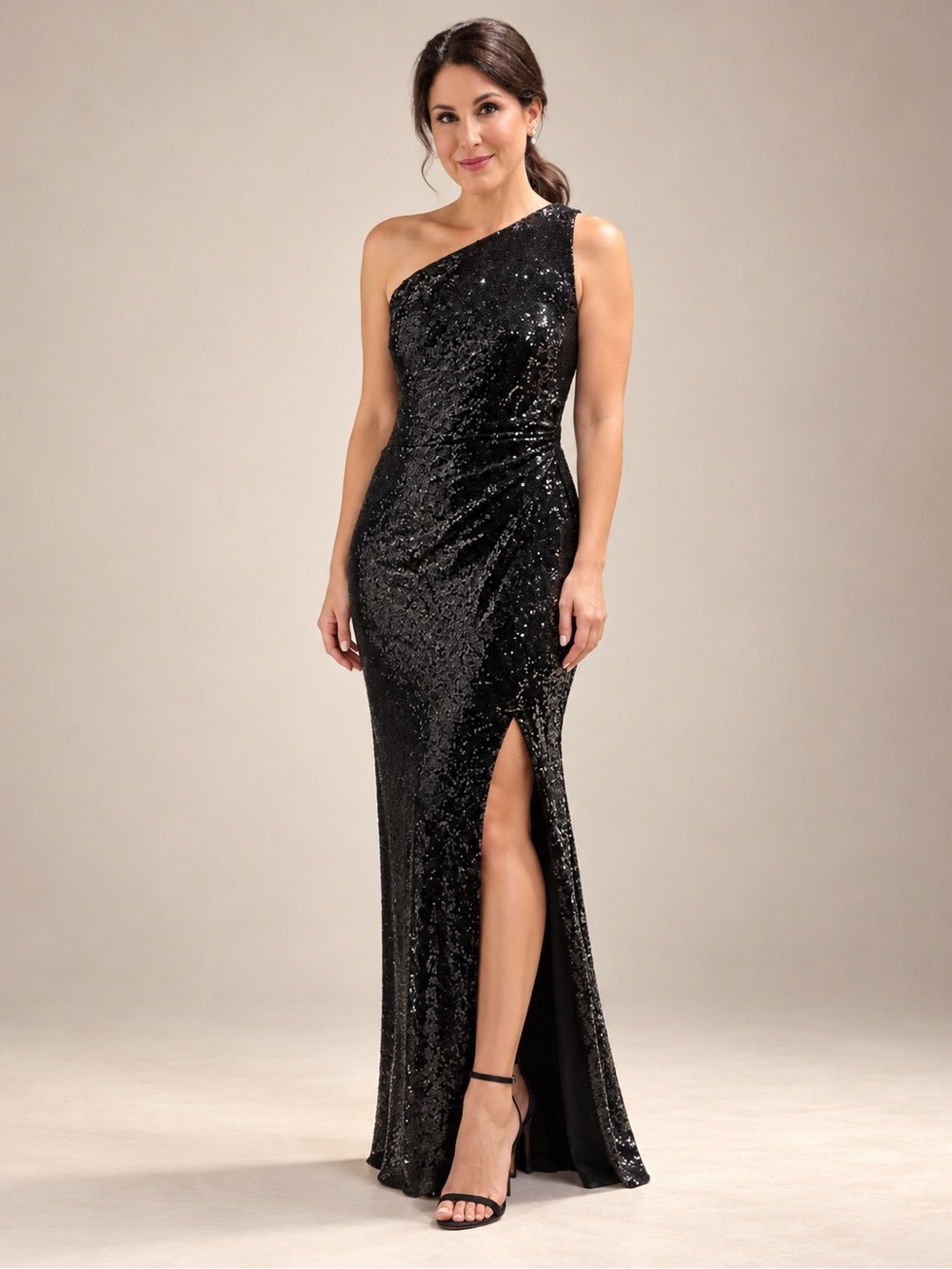 NWT Lauren Ralph Lauren Black Sequin One Shoulder Evening Gown Size 10 MSRP $300